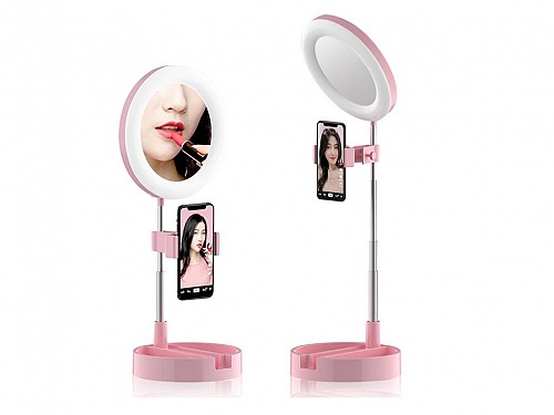 Folding makeup mirror with LED lighting and USB power supply, in Pink color, 17.2x17.2x7 cm