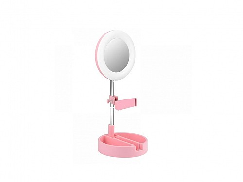Folding makeup mirror with LED lighting and USB power supply, in Pink color, 17.2x17.2x7 cm